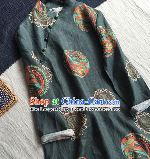 Chinese Traditional Tang Suit Printing Phoenix Atrovirens Ramie Cheongsam National Costume Qipao Dress for Women