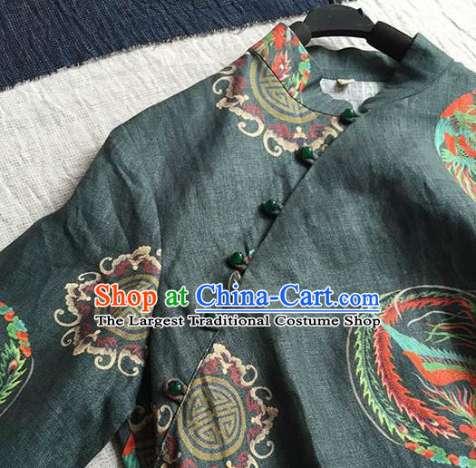 Chinese Traditional Tang Suit Printing Phoenix Atrovirens Ramie Cheongsam National Costume Qipao Dress for Women