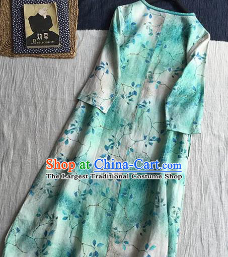 Chinese Traditional Tang Suit Printing Green Ramie Cheongsam National Costume Qipao Dress for Women