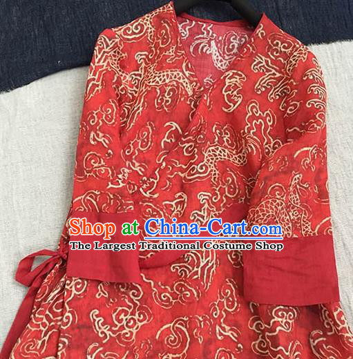 Chinese Traditional Tang Suit Printing Dragon Red Ramie Cheongsam National Costume Qipao Dress for Women