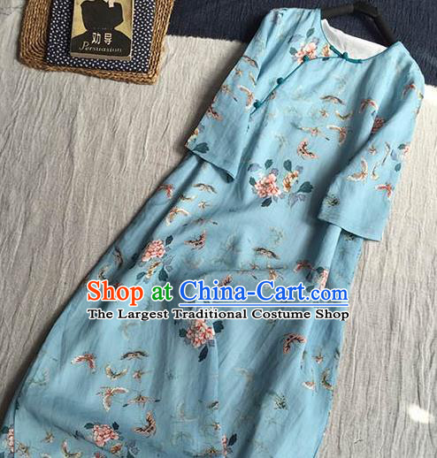 Chinese Traditional Tang Suit Printing Butterfly Peony Blue Ramie Cheongsam National Costume Qipao Dress for Women