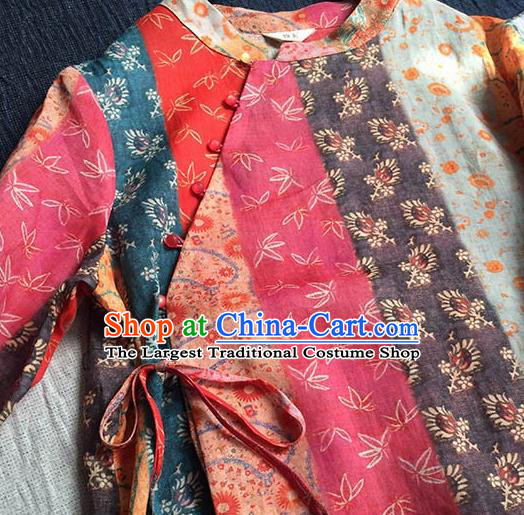 Chinese Traditional Tang Suit Printing Sunflowers Ramie Cheongsam National Costume Qipao Dress for Women