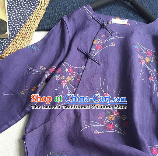 Chinese Traditional Tang Suit Printing Purple Ramie Blouse National Upper Outer Garment Costume for Women