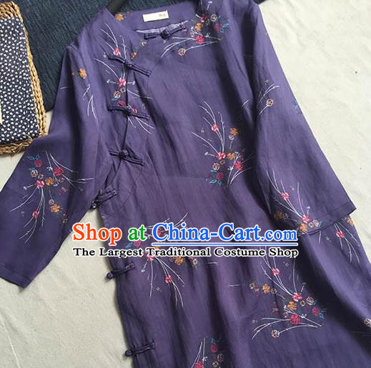 Chinese Traditional Tang Suit Printing Purple Ramie Cheongsam National Costume Qipao Dress for Women