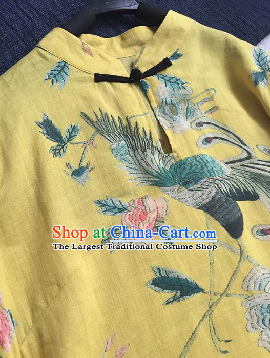 Chinese Traditional Tang Suit Printing Phoenix Peony Yellow Ramie Cheongsam National Costume Qipao Dress for Women
