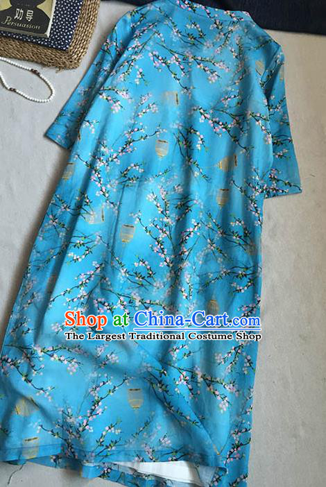 Chinese Traditional Tang Suit Printing Plum Blue Ramie Cheongsam National Costume Qipao Dress for Women