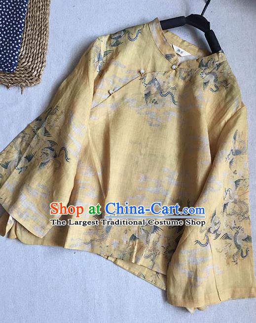Chinese Traditional Tang Suit Printing Phoenix Yellow Ramie Blouse National Upper Outer Garment Costume for Women