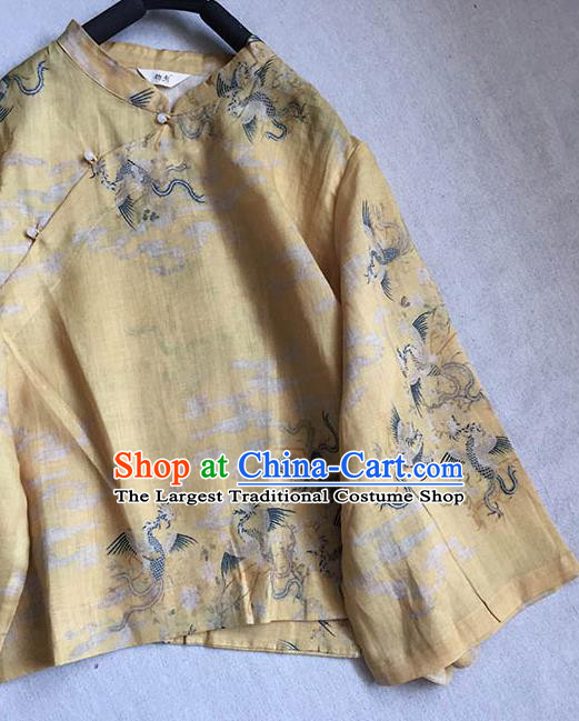 Chinese Traditional Tang Suit Printing Phoenix Yellow Ramie Blouse National Upper Outer Garment Costume for Women