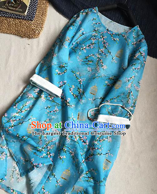 Chinese Traditional Tang Suit Printing Blue Ramie Blouse National Upper Outer Garment Costume for Women