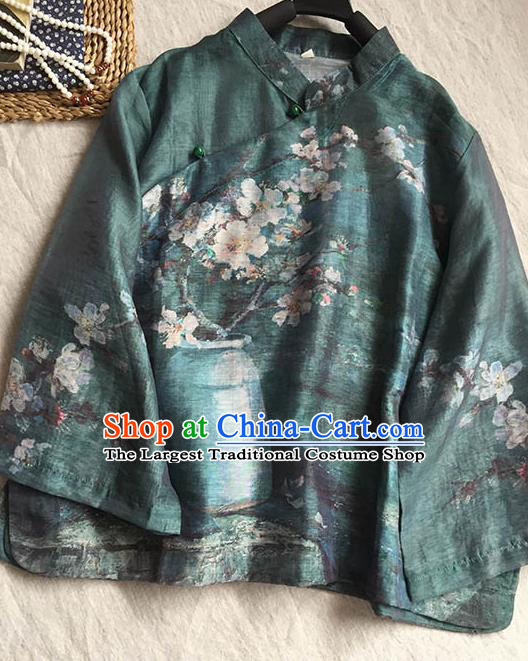 Chinese Traditional Tang Suit Printing Plum Atrovirens Ramie Blouse National Upper Outer Garment Costume for Women