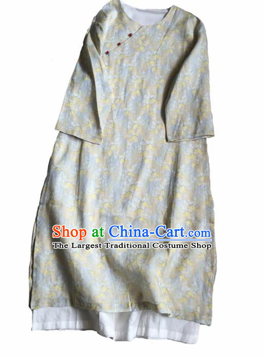 Chinese Traditional Tang Suit Printing Light Grey Ramie Cheongsam National Costume Qipao Dress for Women