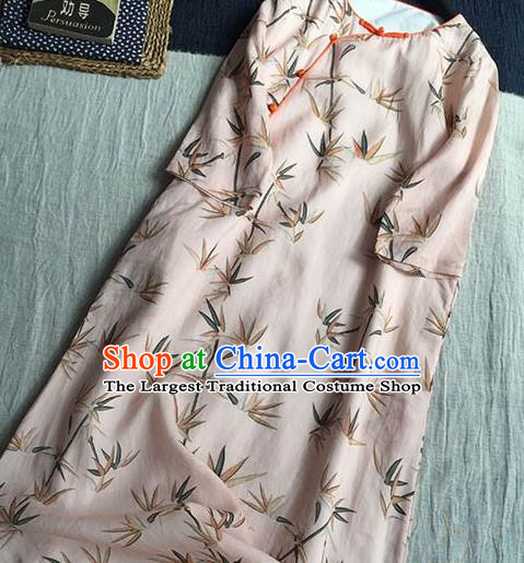 Chinese Traditional Tang Suit Printing Bamboo Light Pink Ramie Cheongsam National Costume Qipao Dress for Women