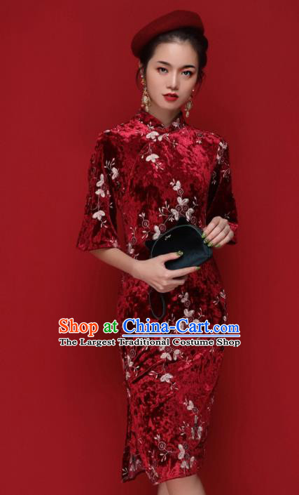 Chinese Traditional Tang Suit Red Pleuche Cheongsam National Costume Qipao Dress for Women