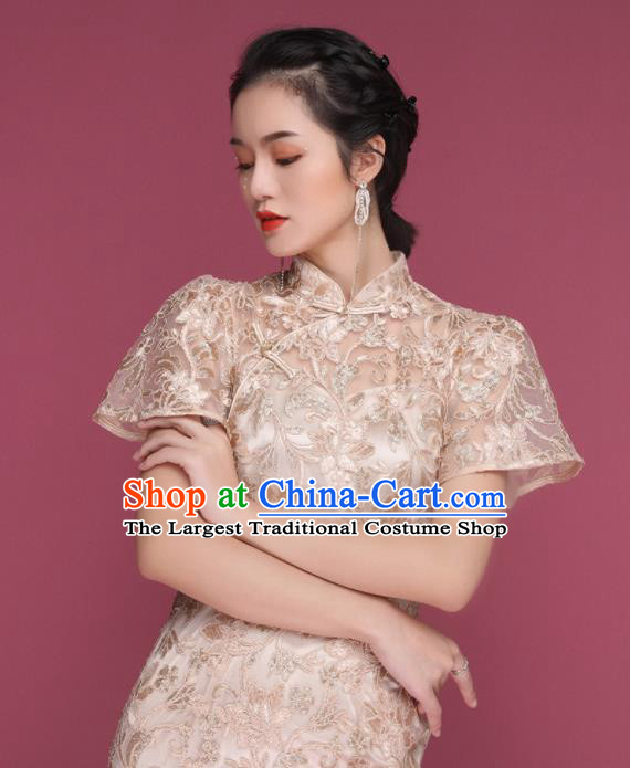 Chinese Traditional Tang Suit Champagne Cheongsam National Costume Qipao Dress for Women