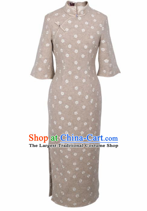 Chinese Traditional Tang Suit Grey Wool Cheongsam National Costume Qipao Dress for Women