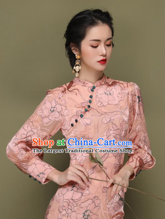 Chinese Traditional Tang Suit Pink Cheongsam National Costume Qipao Dress for Women