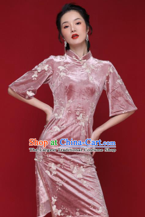 Chinese Traditional Tang Suit Pink Pleuche Cheongsam National Costume Qipao Dress for Women