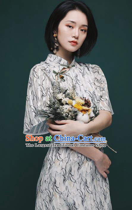 Chinese Traditional Tang Suit Printing White Cheongsam National Costume Qipao Dress for Women
