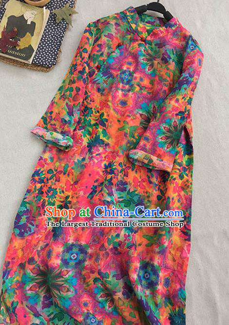 Chinese Traditional Tang Suit Printing Orange Ramie Cheongsam National Costume Qipao Dress for Women