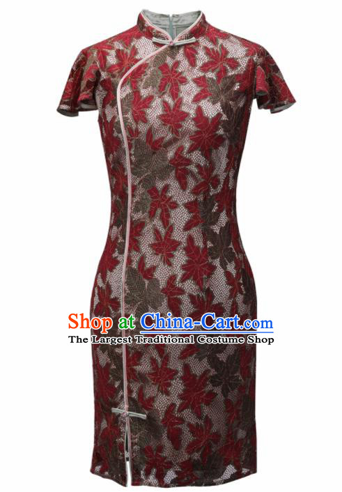 Chinese Traditional Tang Suit Red Maple Leaf Cheongsam National Costume Qipao Dress for Women