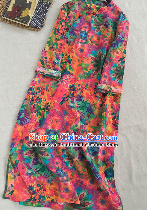 Chinese Traditional Tang Suit Printing Orange Ramie Cheongsam National Costume Qipao Dress for Women