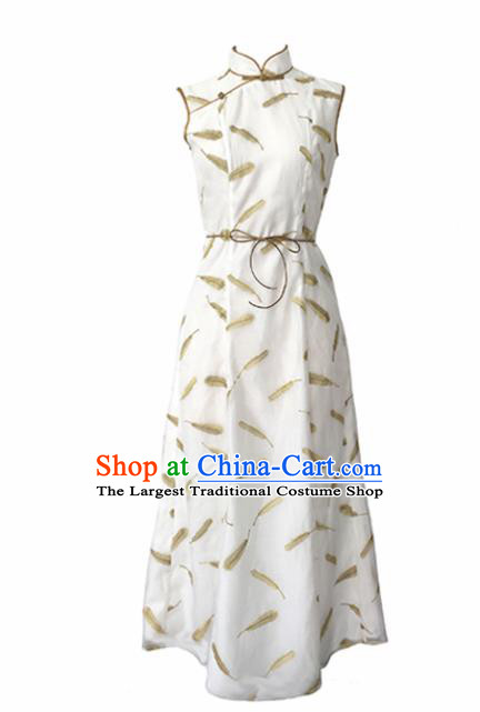 Chinese Traditional Tang Suit Retro Printing White Cheongsam National Costume Qipao Dress for Women