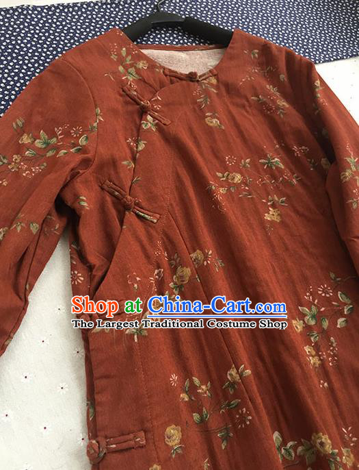Chinese Traditional Tang Suit Printing Rust Red Ramie Cheongsam National Costume Qipao Dress for Women