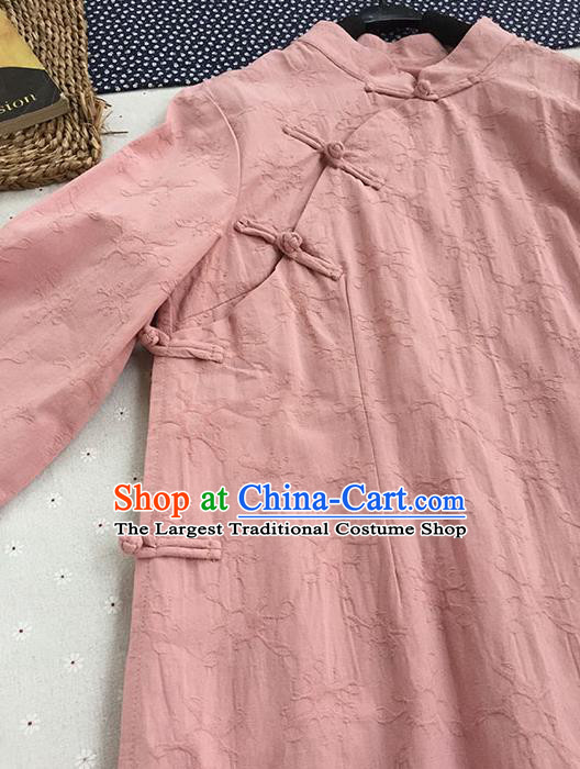 Chinese Traditional Tang Suit Pink Linen Cheongsam National Costume Qipao Dress for Women