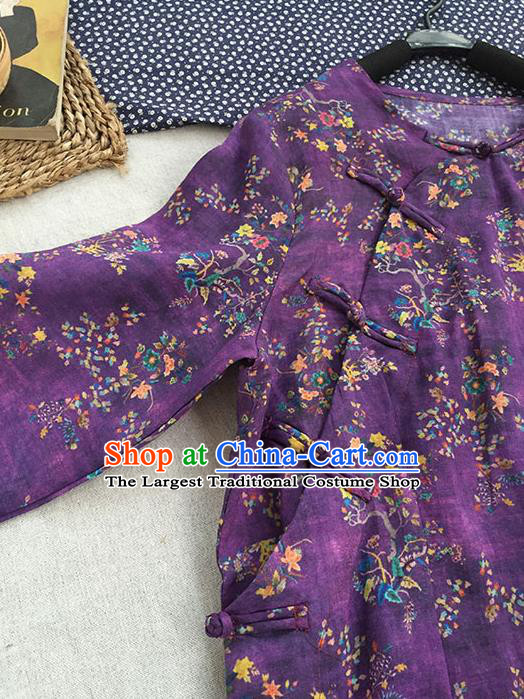 Chinese Traditional Tang Suit Printing Purple Linen Cheongsam National Costume Qipao Dress for Women
