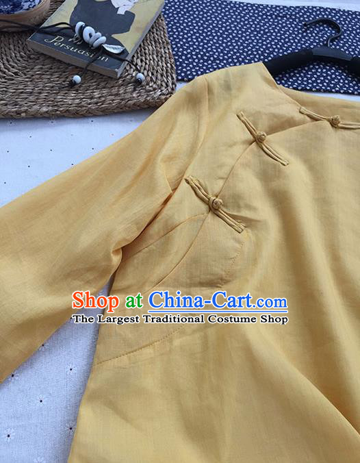 Chinese Traditional Tang Suit Yellow Ramie Blouse National Upper Outer Garment Costume for Women