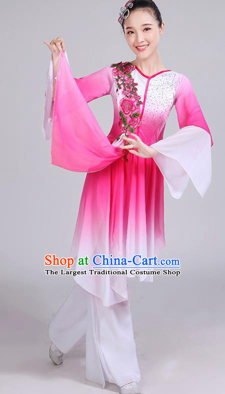 Chinese Traditional Umbrella Dance Stage Show Rosy Dress Classical Dance Fan Dance Costume for Women