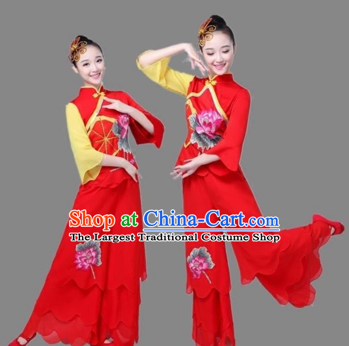 Chinese Traditional Folk Dance Lotus Dance Red Outfits Yangko Group Dance Costume for Women