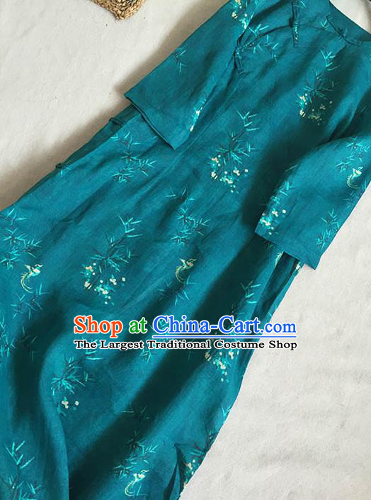 Chinese Traditional Tang Suit Printing Bamboo Plum Atrovirens Ramie Cheongsam National Costume Qipao Dress for Women