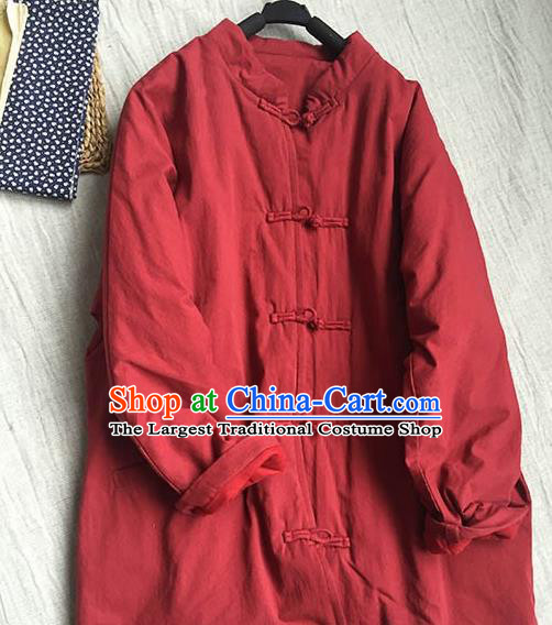 Chinese Traditional Tang Suit Red Cotton Wadded Jacket National Upper Outer Garment Costume for Women