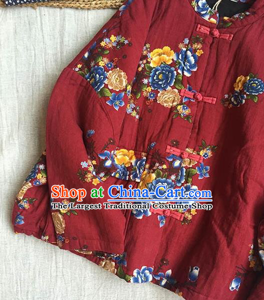 Chinese Traditional Tang Suit Printing Peony Purplish Red Cotton Wadded Jacket National Upper Outer Garment Costume for Women