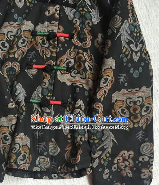 Chinese Traditional Tang Suit Printing Black Cotton Wadded Jacket National Upper Outer Garment Costume for Women