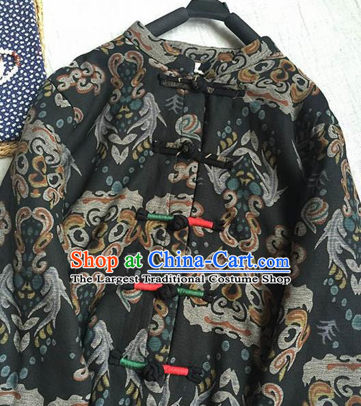 Chinese Traditional Tang Suit Printing Black Cotton Wadded Jacket National Upper Outer Garment Costume for Women