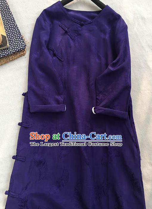 Chinese Traditional Tang Suit Deep Purple Ramie Cheongsam National Costume Qipao Dress for Women