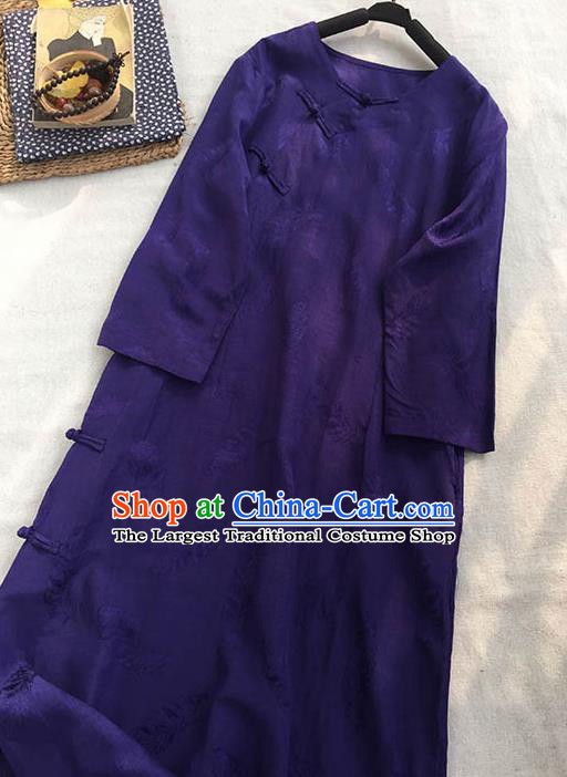Chinese Traditional Tang Suit Deep Purple Ramie Cheongsam National Costume Qipao Dress for Women