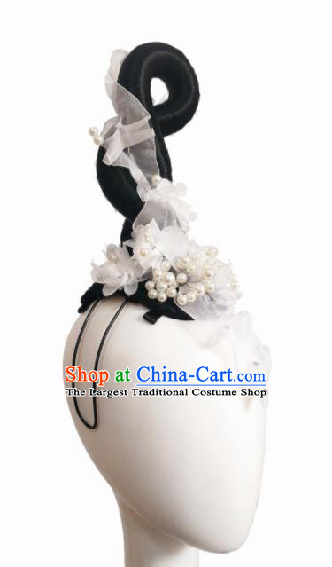 Chinese Traditional Classical Dance Bai Zhu Hair Accessories Fan Dance Wig Chignon Headdress for Women