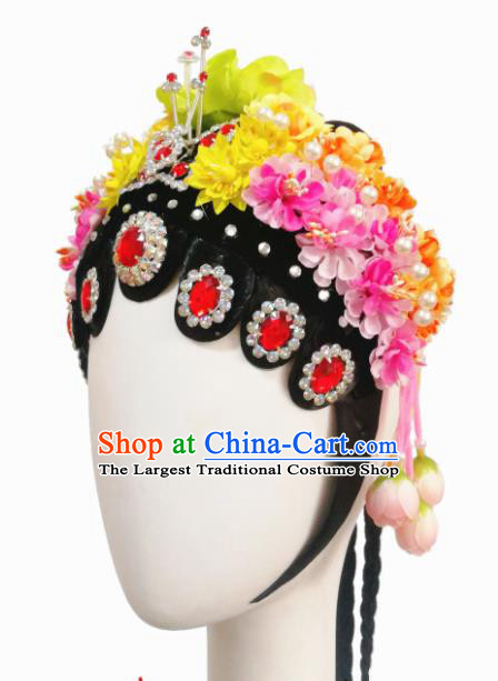 Chinese Traditional Classical Dance Beijing Opera Diva Hair Accessories Fan Dance Wig Chignon Headdress for Women