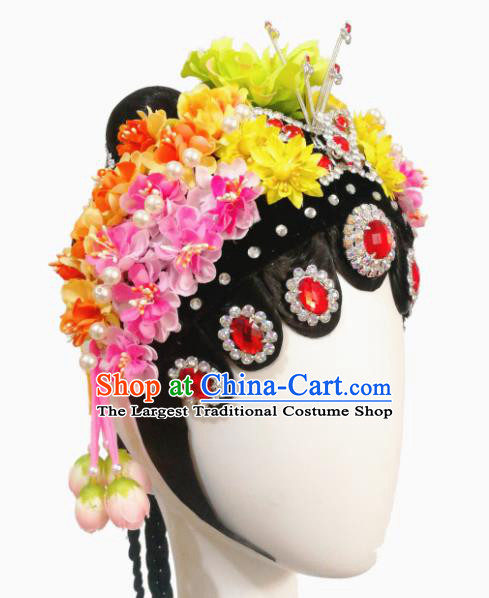 Chinese Traditional Classical Dance Beijing Opera Diva Hair Accessories Fan Dance Wig Chignon Headdress for Women
