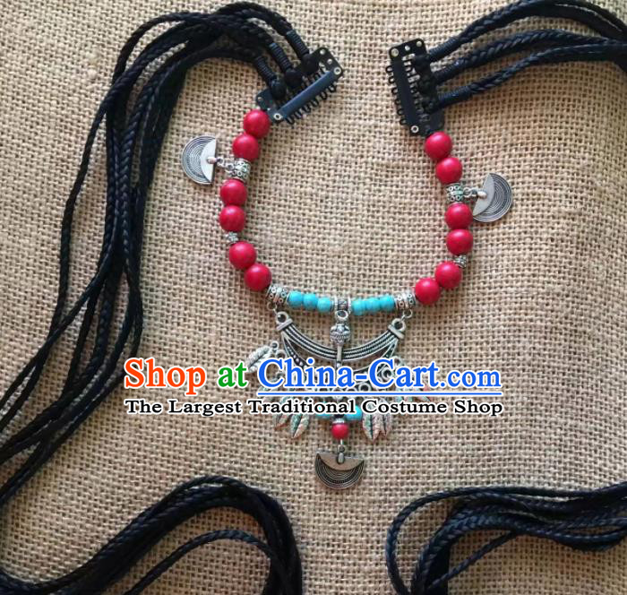 Chinese Traditional Tibetan Ethnic Black Wool Yarn Knitting Hair Clasp Zang Minority Nationality Headwear for Women