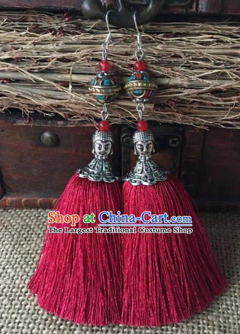 Chinese Traditional Ethnic Ear Accessories Miao Nationality Red Tassel Silver Carving Buddha Earrings for Women
