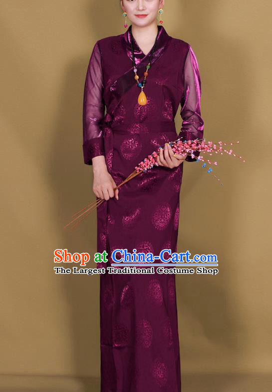 Traditional Chinese Zang Ethnic Purple Heishui Dress Tibetan Minority Folk Dance Costume for Women