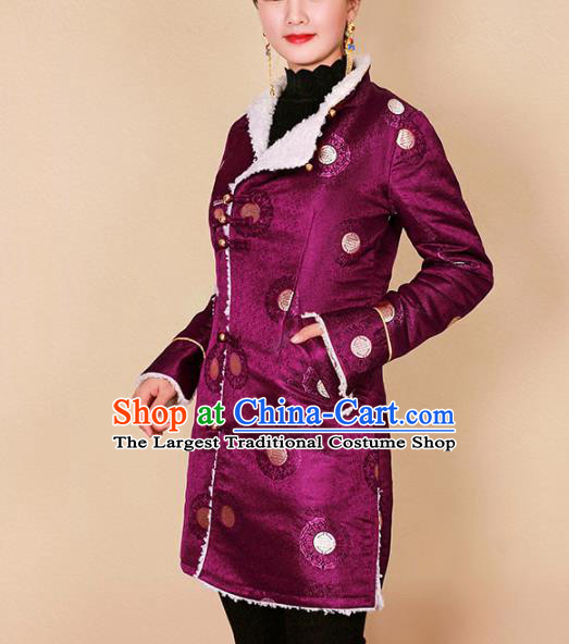 Traditional Chinese Zang Ethnic Purple Cotton Padded Jacket Tibetan Minority Upper Outer Garment Winter Costume for Women