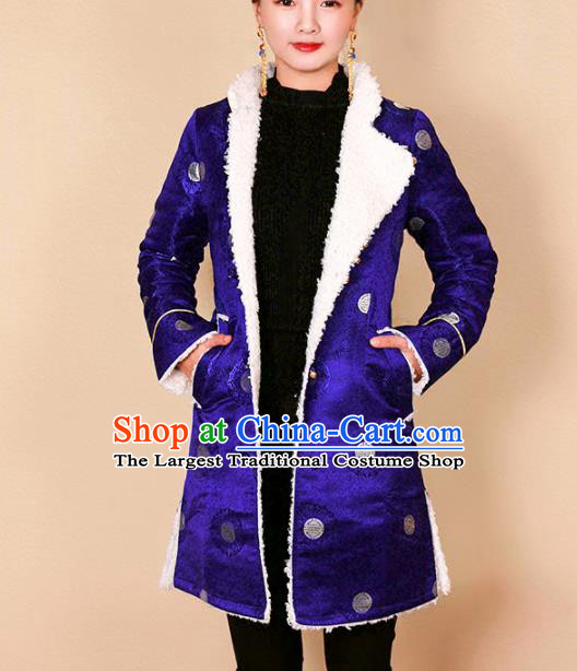 Traditional Chinese Zang Ethnic Royalblue Cotton Padded Jacket Tibetan Minority Upper Outer Garment Winter Costume for Women