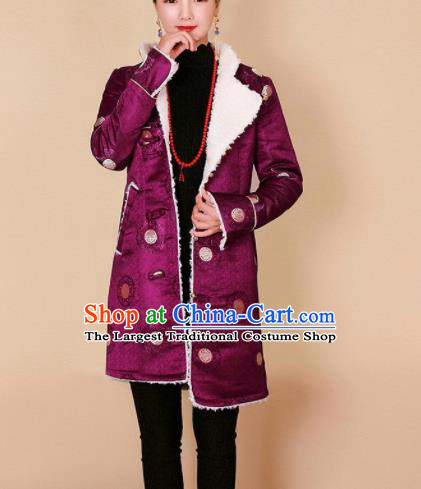 Traditional Chinese Zang Ethnic Purple Cotton Padded Jacket Tibetan Minority Upper Outer Garment Winter Costume for Women