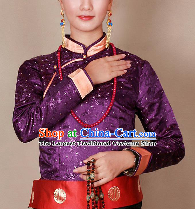 Traditional Chinese Zang Ethnic Purple Blouse Tibetan Minority Upper Outer Garment Costume for Women