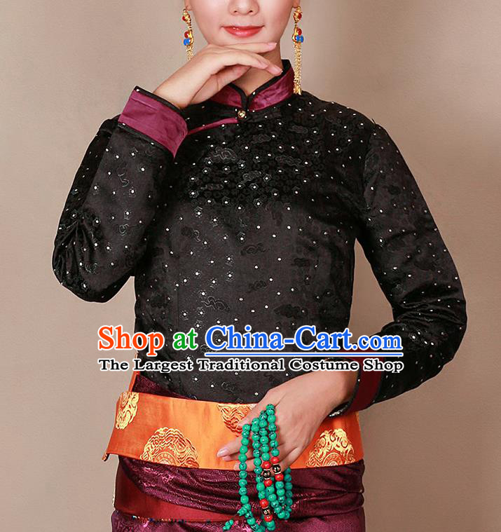 Traditional Chinese Zang Ethnic Black Blouse Tibetan Minority Upper Outer Garment Costume for Women